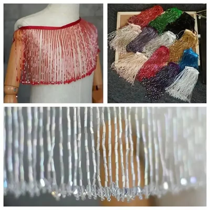 

18Color 16cm Wide Glass Beads Tassel Handmade Lace Trim DIY Wedding Dress Headdress Decoration Accessories