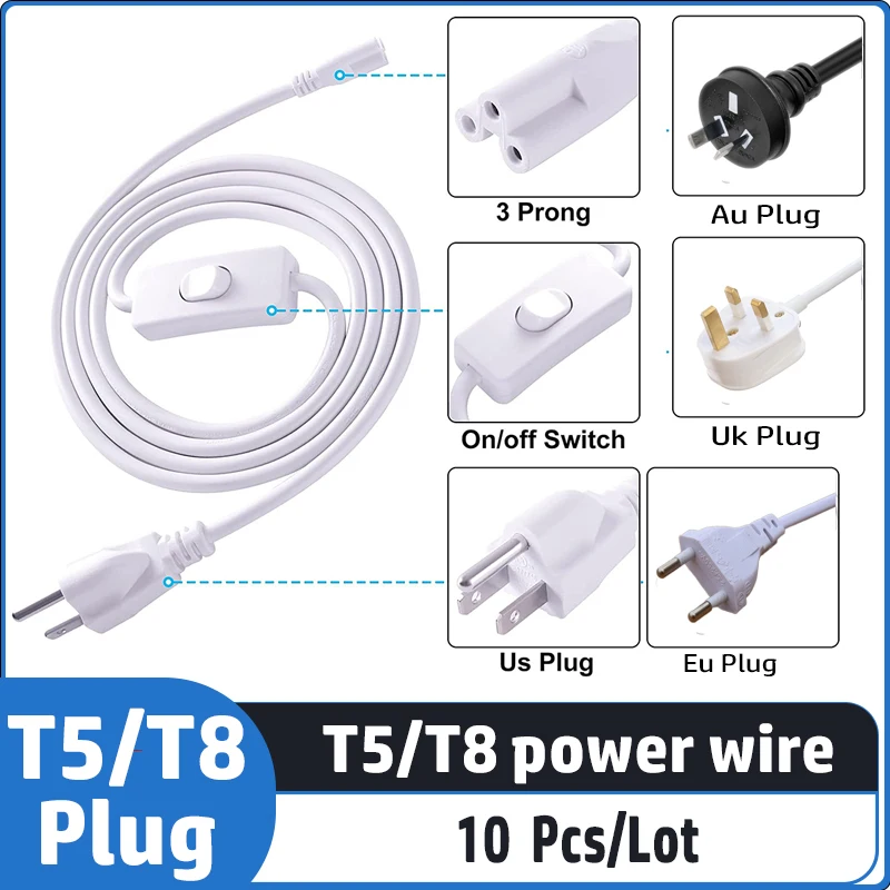 10pcs/lot 1.8m Lighting Accessory EU Plug Switch Cable For T5 LED Tube T8 Power Charging Wire Connection Wire ON/OFF Connector