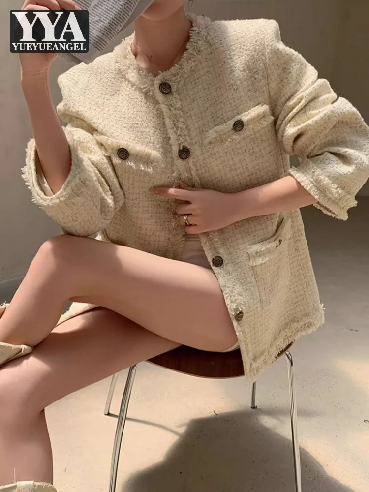 

Hot Sale Handmade Women Chic Tweed Jackets Single Breasted O Neck Work Ladies Vintage Wide Waist Autumn Mid Long Fashion Stylish