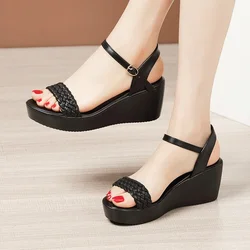 6cm Small Size 32-43 Comfortable Knit Leather Sandals Women's Platform Shoes 2025 Summer Med Heels Wedges Sandals for Office Mom
