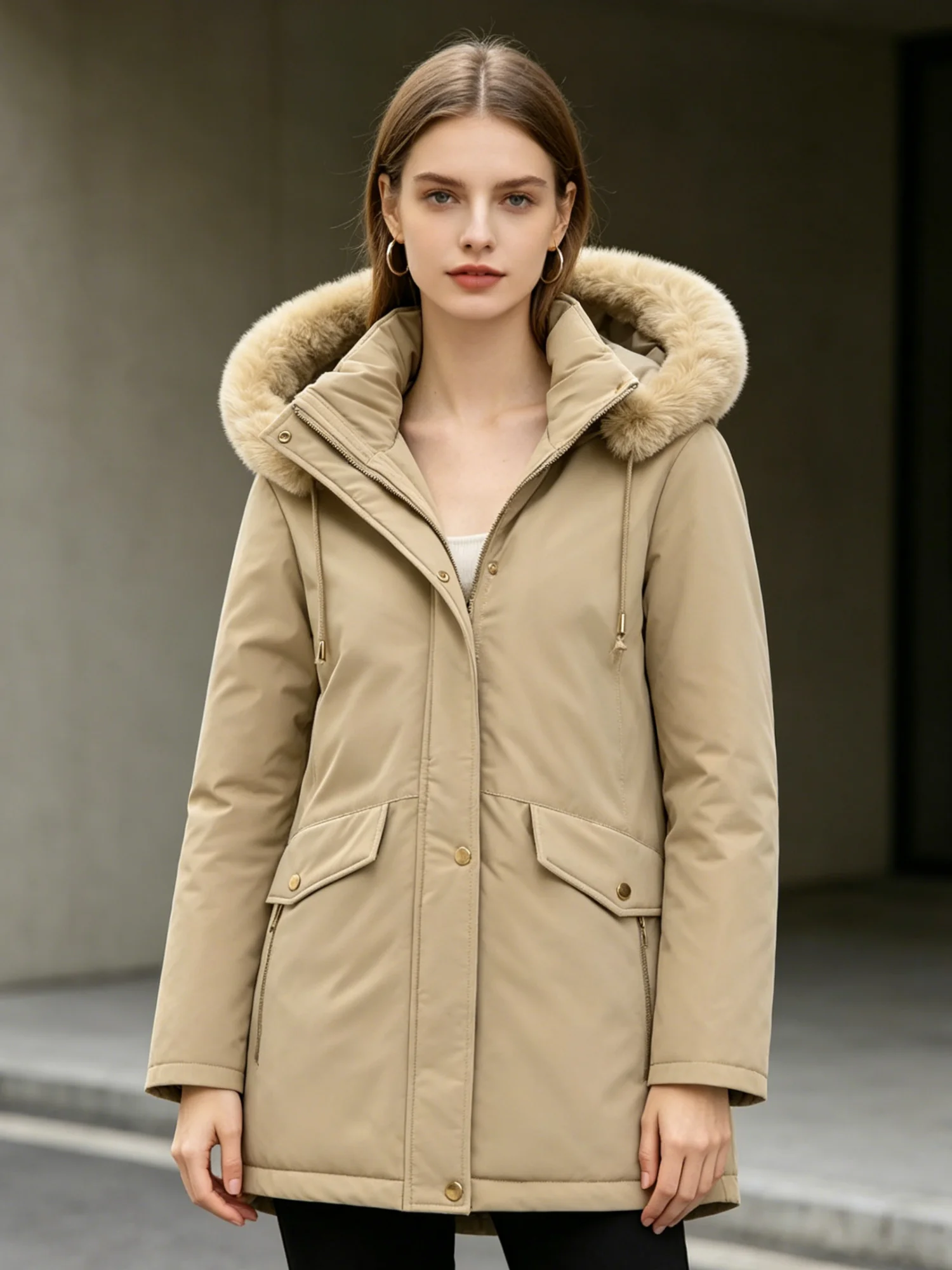 Women's Winter Casual Warm Jacket with Detachable Hood Windproof Fashionable Parka Outdoor Zippered Pockets Windbreaker