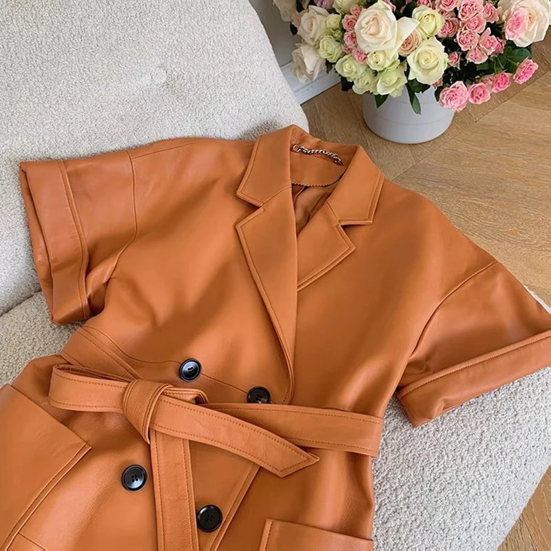 Trench mi-long en peau de mouton pour femme, niveau A, Double boutonnage, manches courtes, à lacets, en cuir véritable, importé, automne