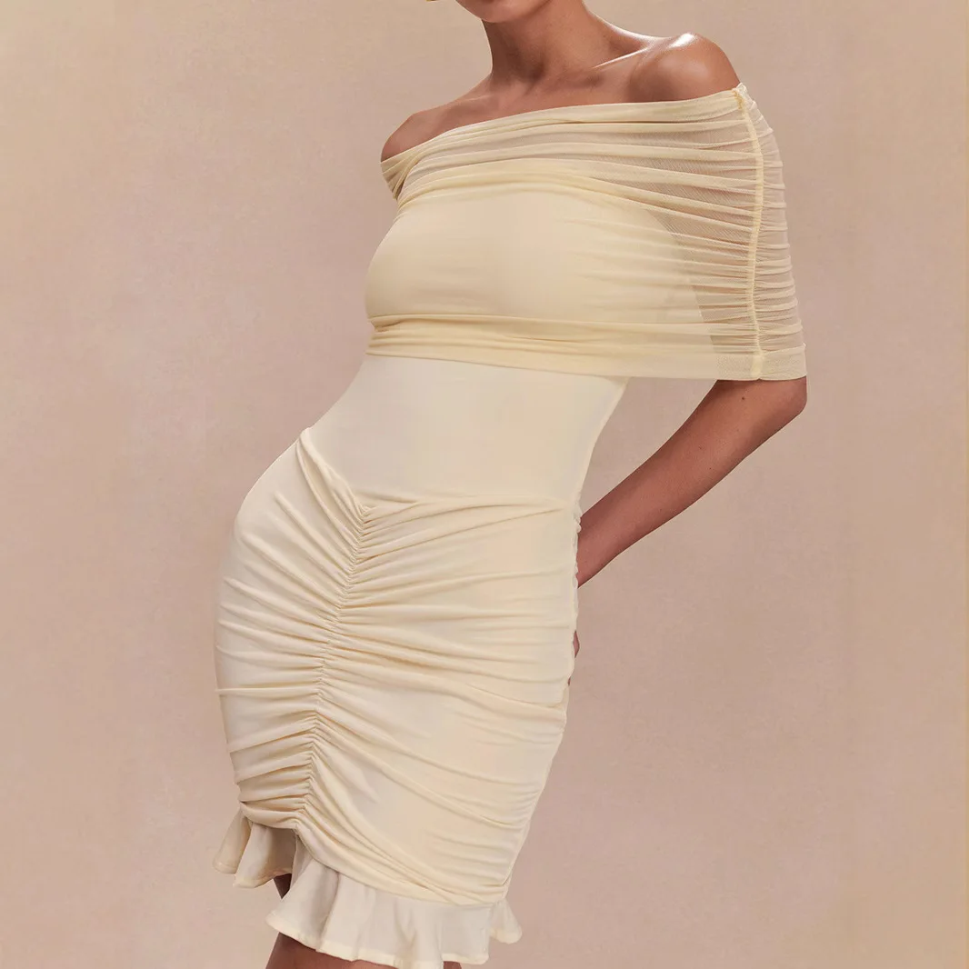 Mesh Strapless Off-shoulder Sexy Ruffled Mini Dress for Women Fashion Backless High Waist Female Ruched Party Dress
