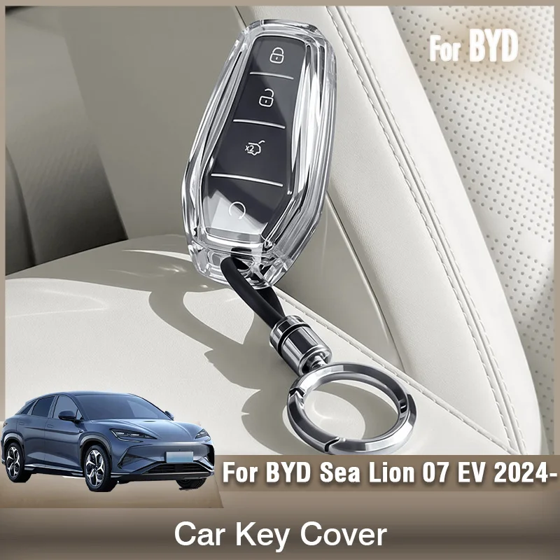 For BYD Sealion Sea Lion 07 EV 2024 2025 2026 Car Key Case with Keychain Semi Transparent Scratch Design Soft TPU Cover