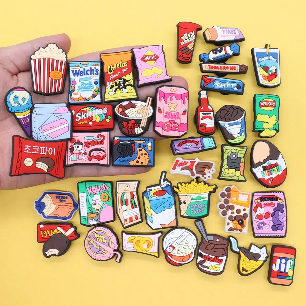 1Pcs Popcorn Ice Cream Candy Drinks Noodle Food Pvc Sandals Shoe Buckle Charms Snacks Clog Decorations Fit Kids Gifts