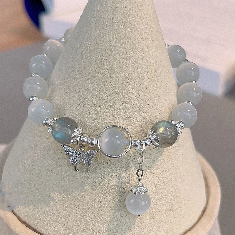 Korean Fashion Imitation Opal Bracelet Simple Ins Moonstone Crystal Bead Butterfly Pendant Bracelet Jewelry Gifts