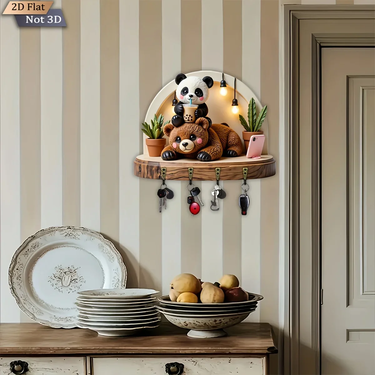 2D Flat, 1pc, Cute Animal Theme Key Hook, Wooden Multifunctional Home Key Holder with Four Metal Hooks, Suitable for Wall