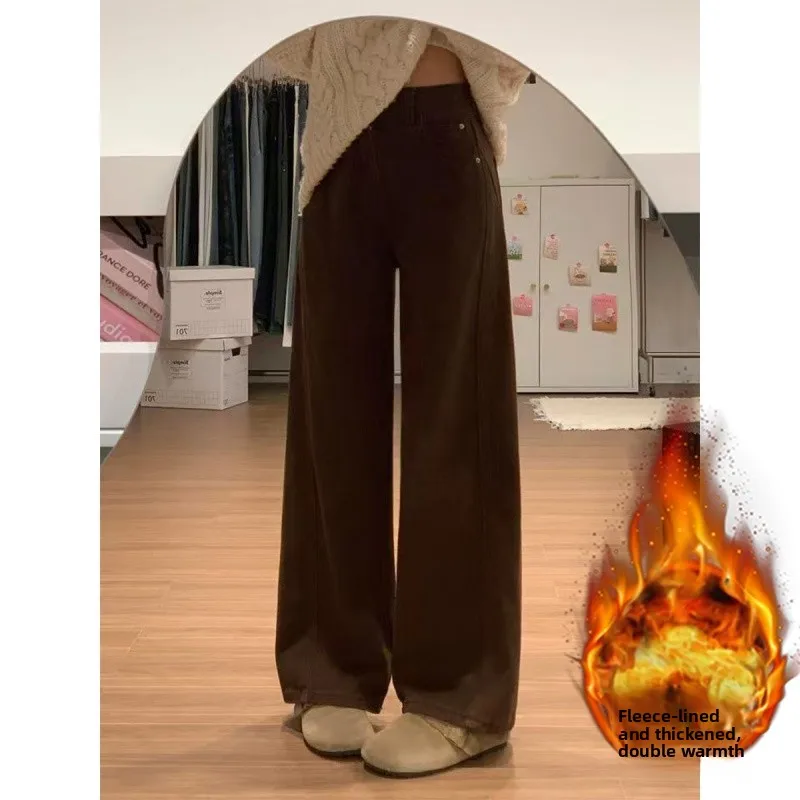 

Коричневые свободные женские джинсы с высокой талией на подкладке Fce, прямые широкие брюки, зимние теплые хлопковые эластичные джинсовые брюки