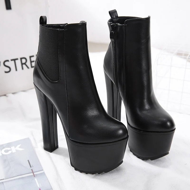 Women\'s New 16cm High Heel Boots Winter Women\'s Chelsea Ankle Boots Tube Platform Clogs High Heel Women\'s Shoes Elegant