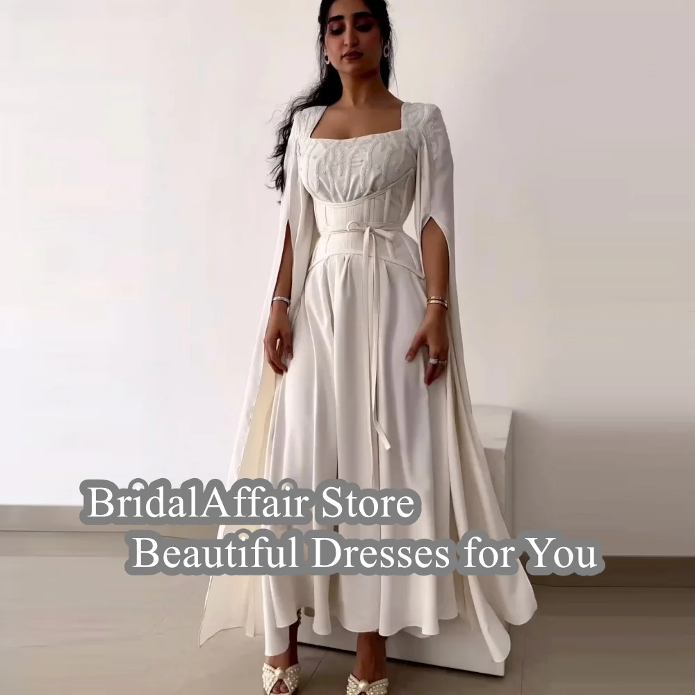 BridalAffair Square Neck Backless Evening Formal Saudi Arabia Satin Flare Sleeves Party Dresses Gowns Women Robes de Soirée 2023