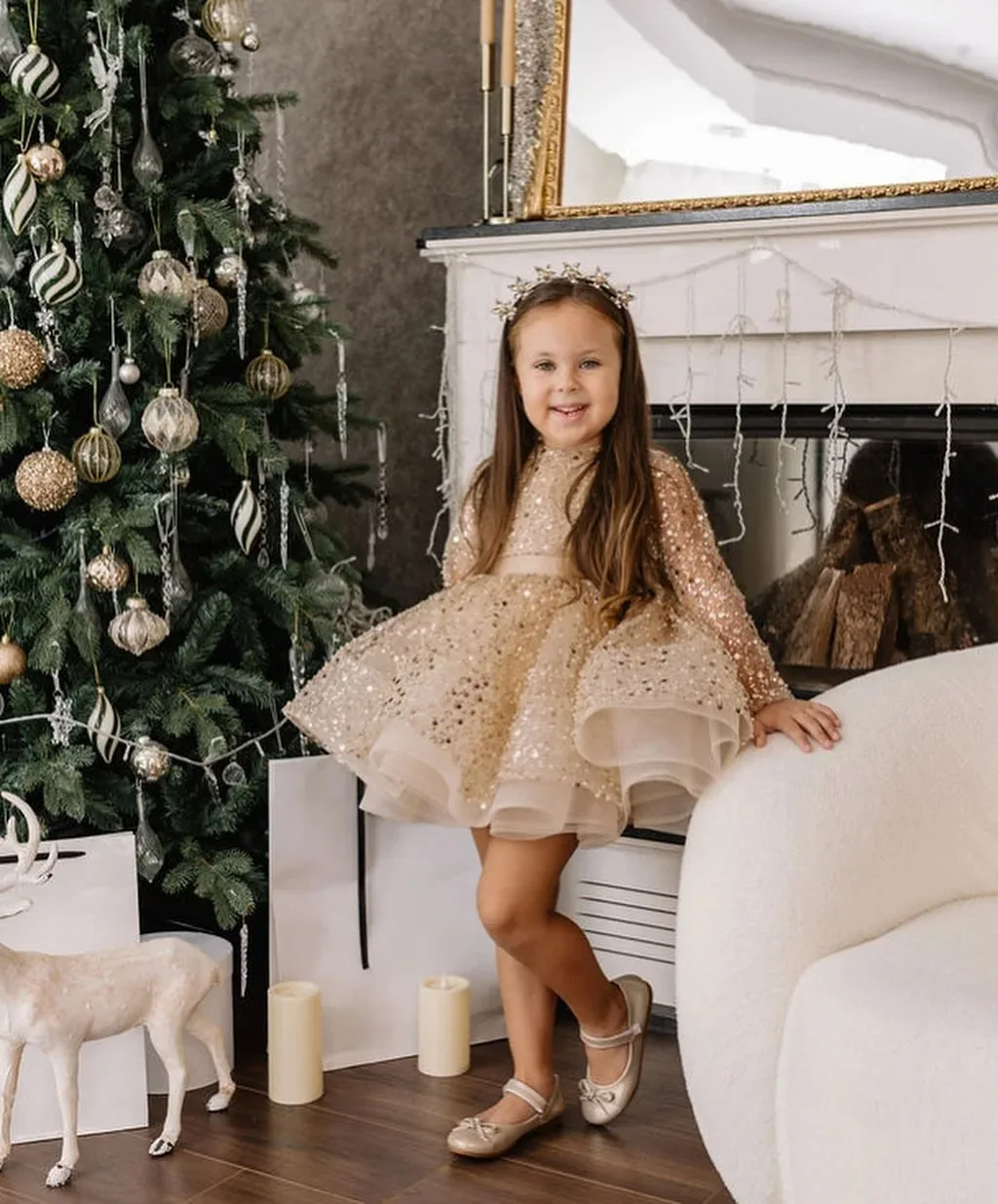 Vestido champanhe personalizado para meninas, lantejoulas brilhantes na altura do joelho, bola de primeira comunhão, cerimônia de aniversário, formatura, festa de casamento