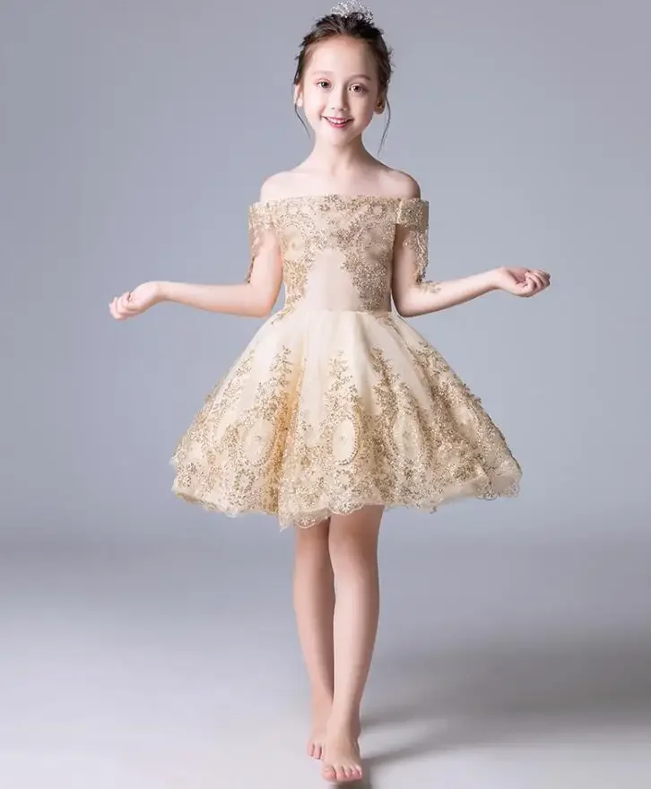 

Gold Tulle Sequin Girls Summer Dress Strapless Flower Girl Dress for Wedding Party Pageant Princess First Communion Gowns