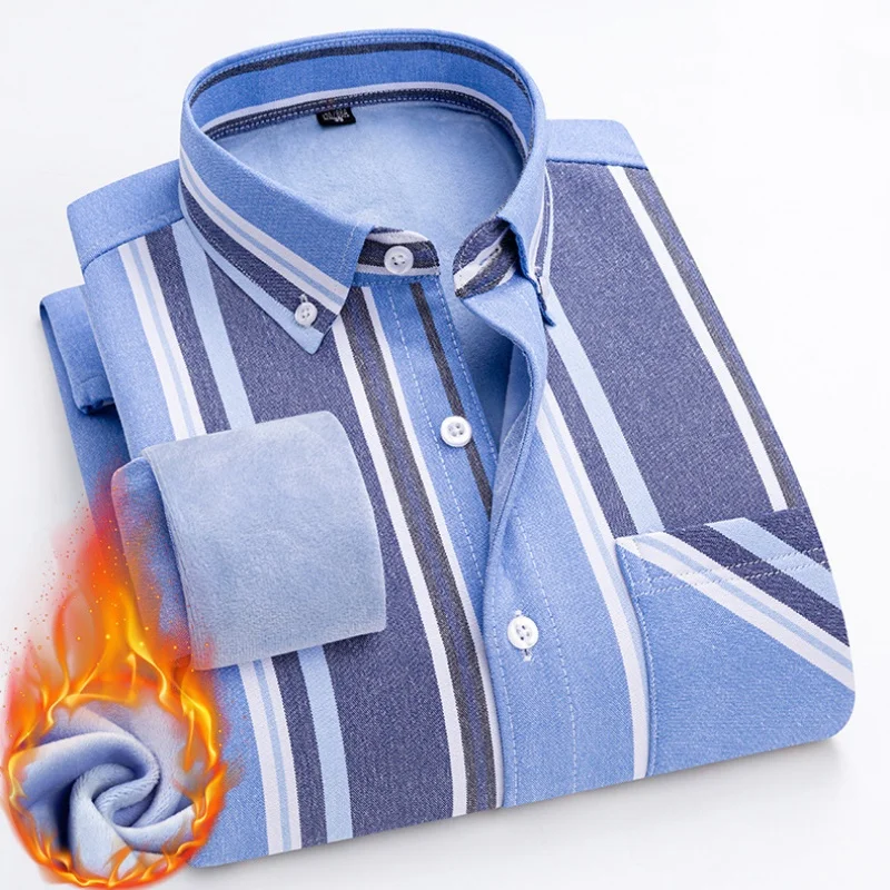 

Winter New Trendy Plush Thick Warm Striped Shirt for Men's Casual Loose Retro Sports Large Size High End Long Sleeve Shirt Plus