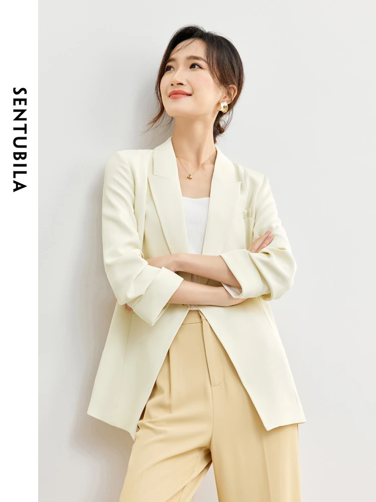 SENTUBILA Lente Solid Business Blazer Kantoor Dames 2025 Losse Notched Jasje Lange Mouw Jas Vrouw Kleding 141X53294