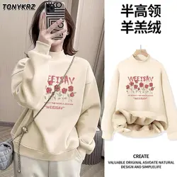 Half High Collar Plus Fleece Hoodie for Women Popular New Item Thick Lamb Fleece Warm Top