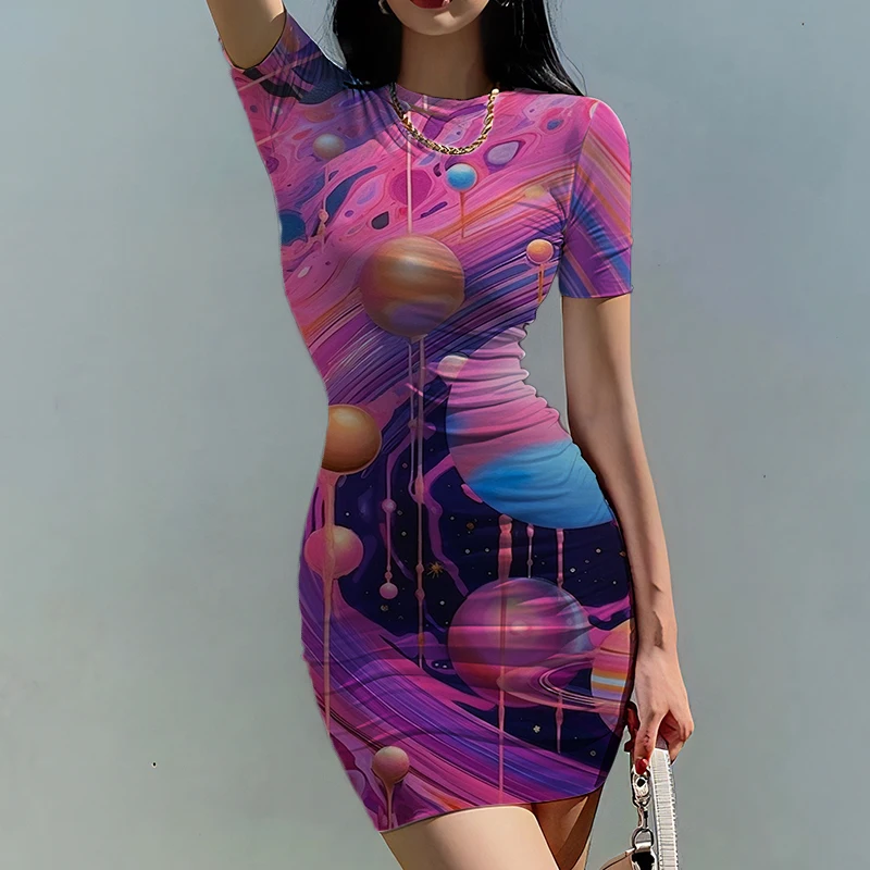 Summer new lady slim dress sphere color rendering 3D printed lady dress beautiful lady slim dress fashion trend lady slim dress