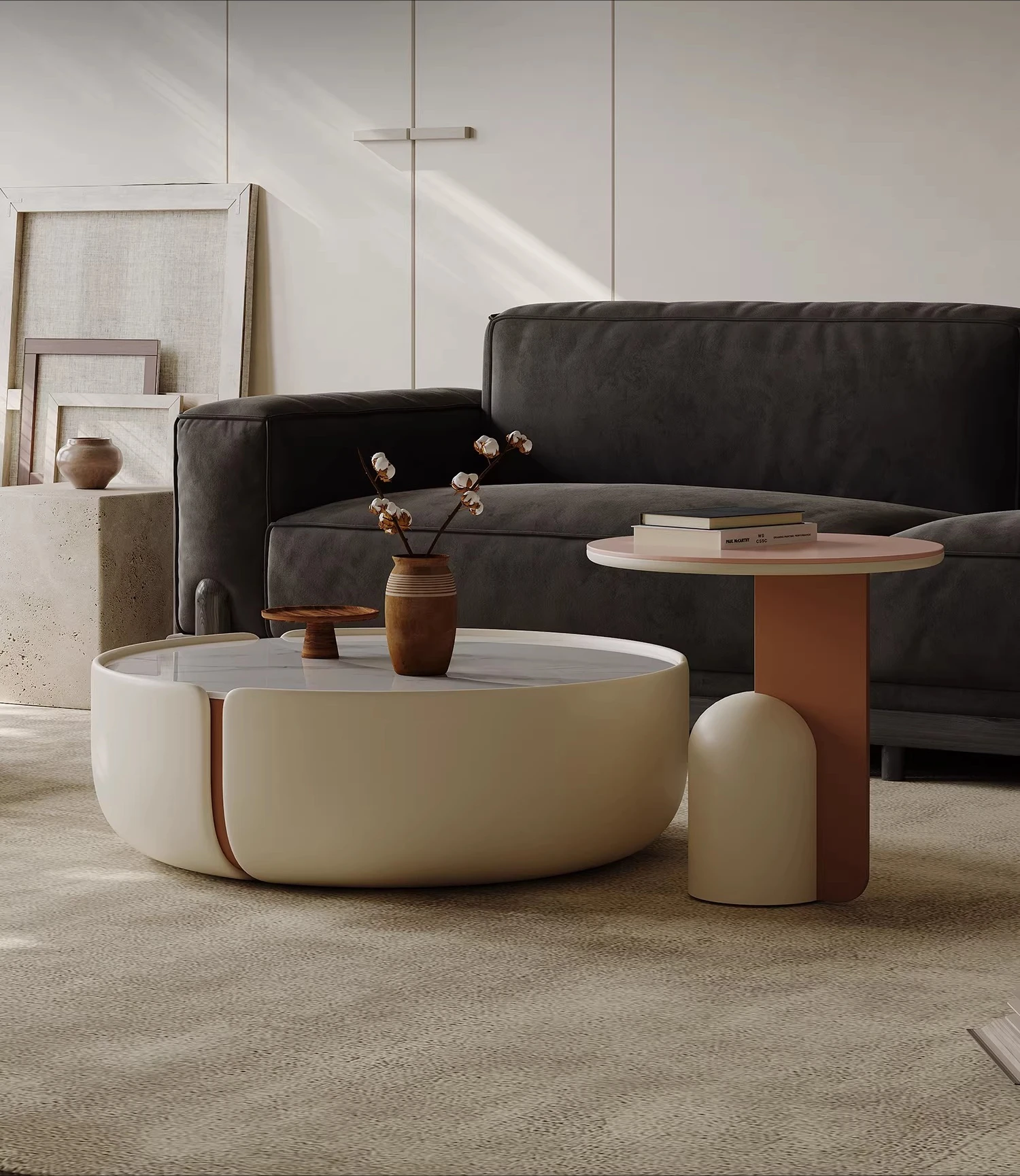 

Coffee Table Combination Round Living Room Household Small Apartment Designer Art Creative Cream Wind High-end