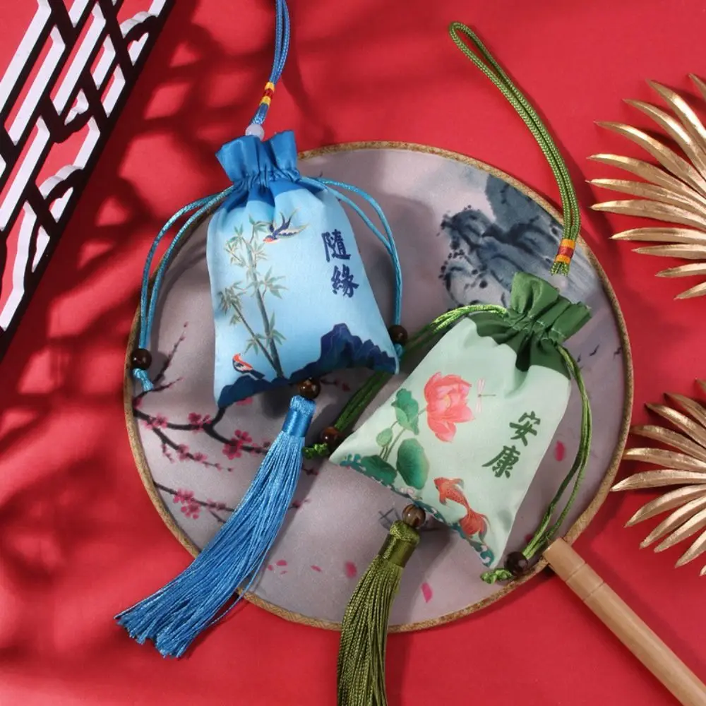 Floral Flower Tassel Drawstring Bag Fish Bird Chinese Style Sachet Bag Large Capacity Beaded Jewelry Packing Bag