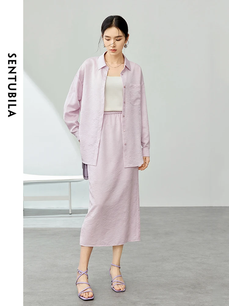 SENTUBILA Fashion Solid Skirts Set 2024 Spring Summer Loose Long Sleeve Blouse Elastic Waist Straight Split Skirt 141Z53663