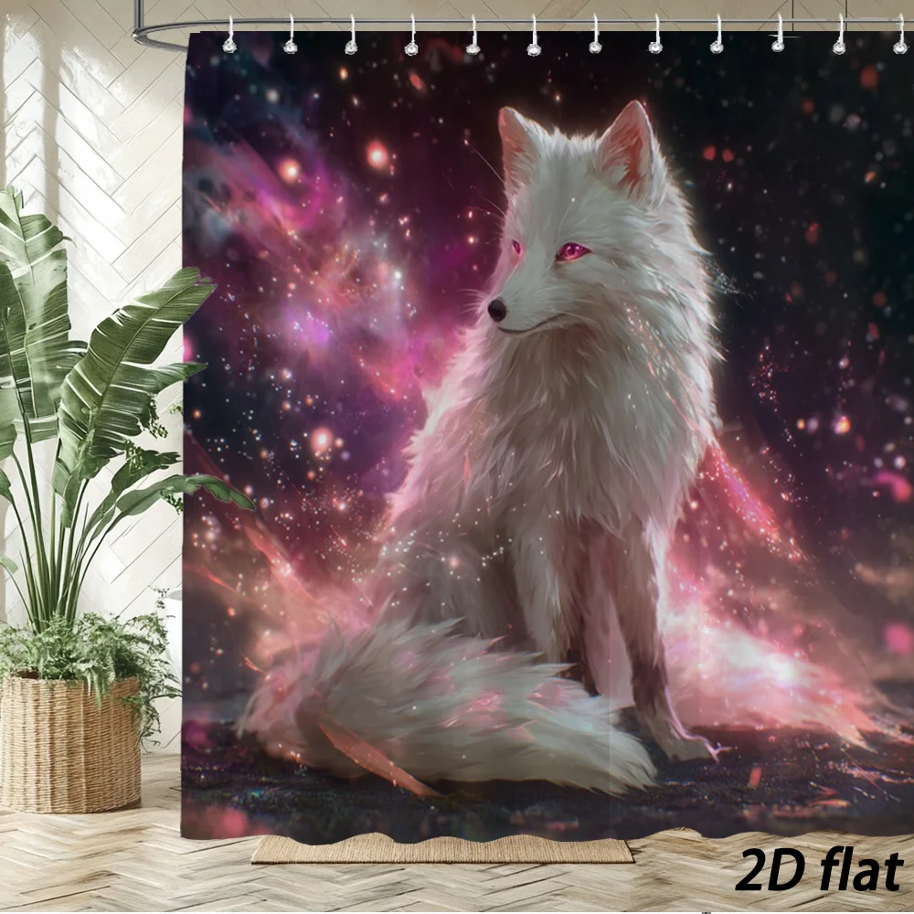 Magical Fantasy Fluffy White Arctic Fox Sitting Against Sparkling Nebula Galaxy Star‑filled Dark Space Pattern Bath curtain