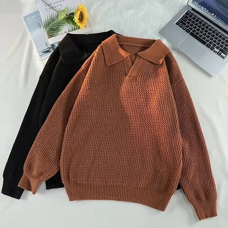 Men New Winter  Loose Fit Jumpers Solid Streetwear Sweaters Slight Strech  Polo Collar Knitted Sweater Long Sleeve Pullovers