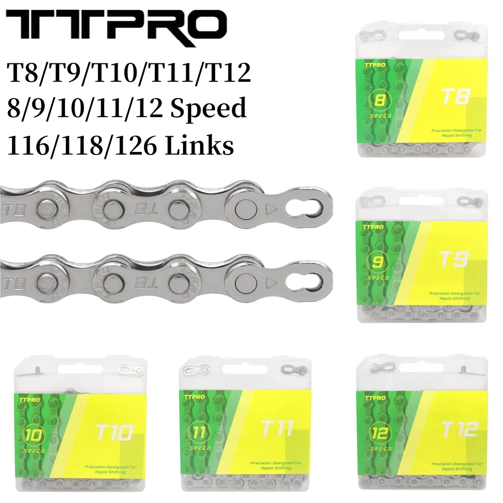 TTPRO 8 9 10 11 12 Speed 116 118 126 Links Bicycle Chain T8 T9 T10 T11 T12 Road MTB Bike Chain 8V 9V 10V 11V 12V ﻿