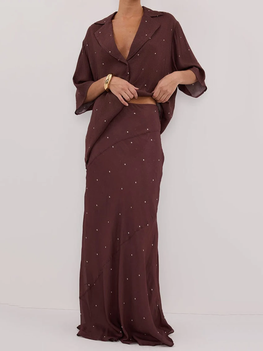 Marthaqiqi Printing Ladies Pajamas Set Half Sleeve Nightgowns Turn-Down Collar Sleepwear Long Skirt Loose Female Nightwear Suits