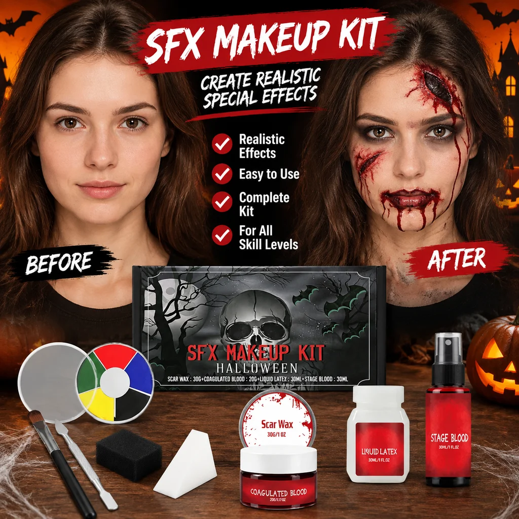 Halloween Makeup Kit Scar Wax Fake Blood Glue 6 Color Palette Sponges Brush SFX Special Effects Cosplay Party Costume Makeup