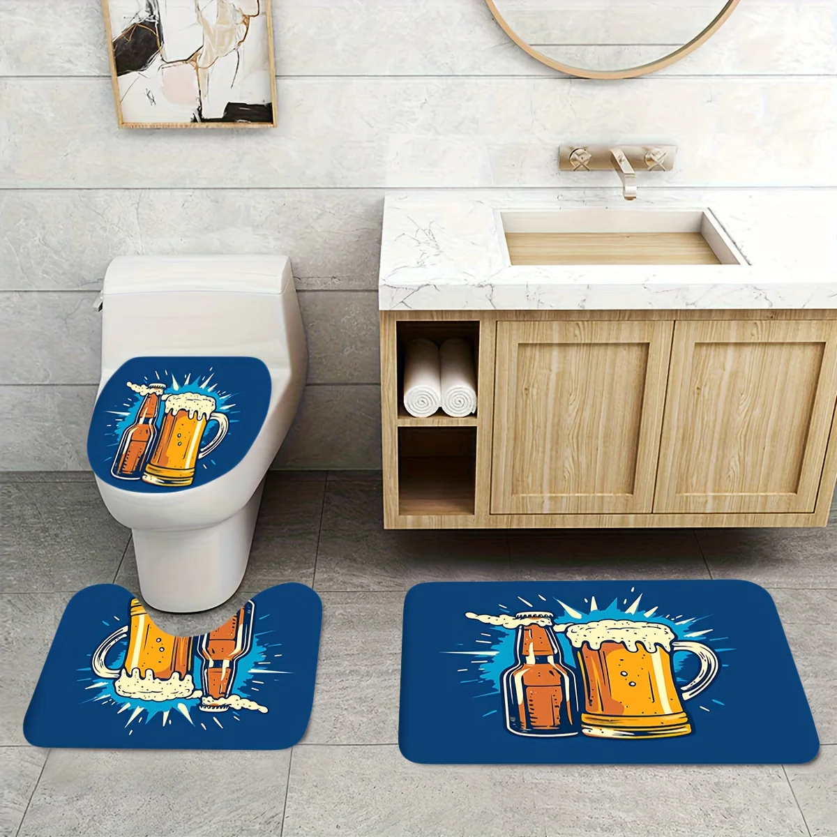 Ensemble de tapis de salle de bain imprimé bière bleue 3 pièces, couvercle de couvercle de toilette, tapis de toilette en forme de U, matériau en flanelle, Surface douce, tapis de bain antidérapant