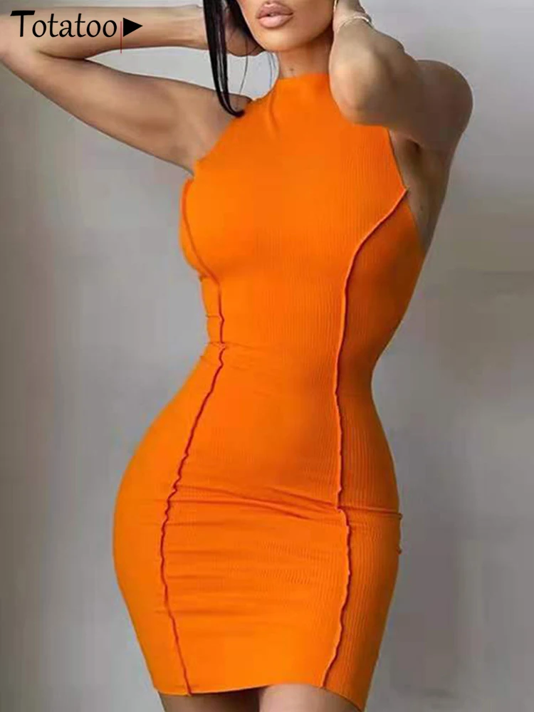 Totatoop-Ribbed Knitted Bodycon Summer Dress for Women, Sleeveless Fitness Clubwear, Sexy Dress, Vintage Orange Vestidos, 2021