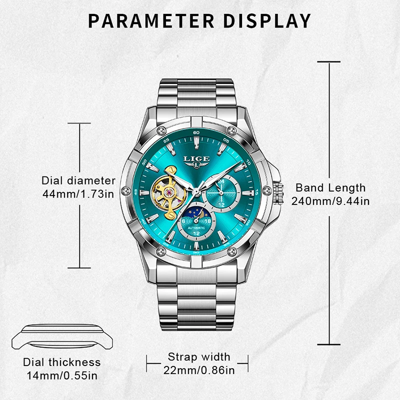 ساعة ميكانيكية فاخرة من العلامة التجارية LIGE بتصميم بسيط كاجوال لمرحلة القمر مقاومة للماء ومضيئة من الفولاذ المقاوم للصدأ للرجال كرونوغراف #2