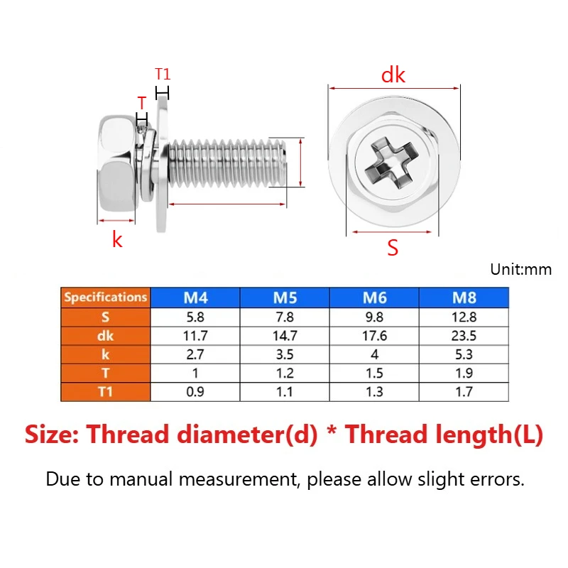M4-M8 304 Stainless Steel Cross Phillips External Hex Hexagon Head SEM Screw Flat Washer Spring Gasket Assemble Bolt GB9074.13