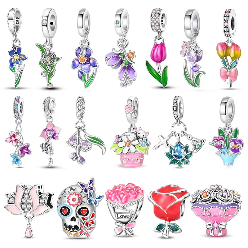 

925 Sterling Silver Butterfly Charm Noble Blue Flower Purple Flower Beads for Original 3mm Bracelet DIY Fine Fashion Jewelry