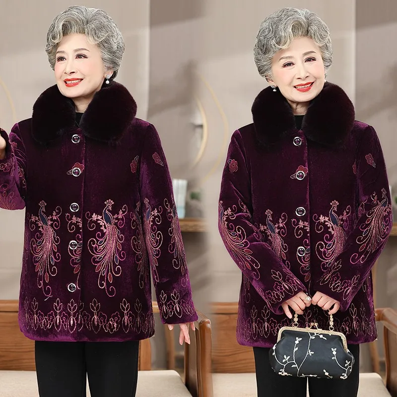 Winter Women\'s Cotton-Padded Jacket 50 To 80 Year Old Grandma Coat Thick Velvet Warm Middle Aged Mother Positioning flower Parka