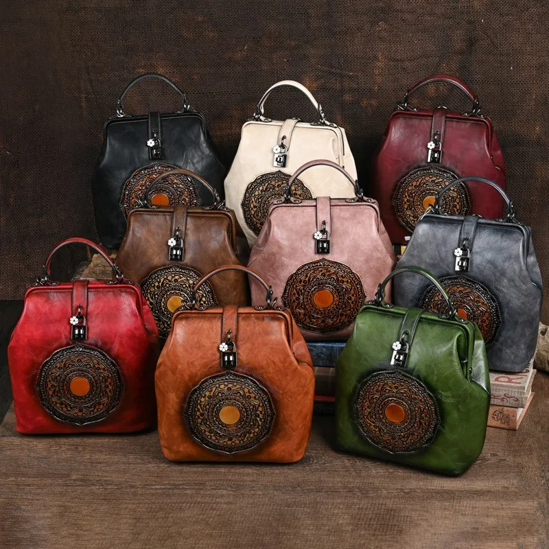 

New retro embossed ladies backpack clip pocket hand-painted high quality craft exquisite gifts.