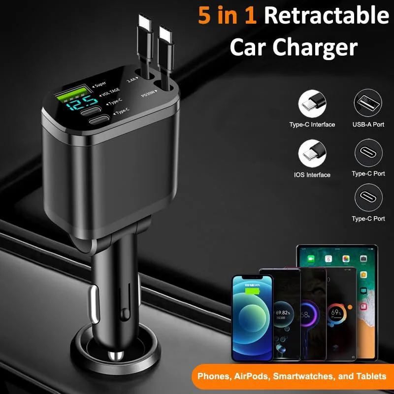 PD شحن سريع 5 في 1 شاحن سيارة USB قابل للسحب C مع شاحن USB للهاتف المحمول وكابل