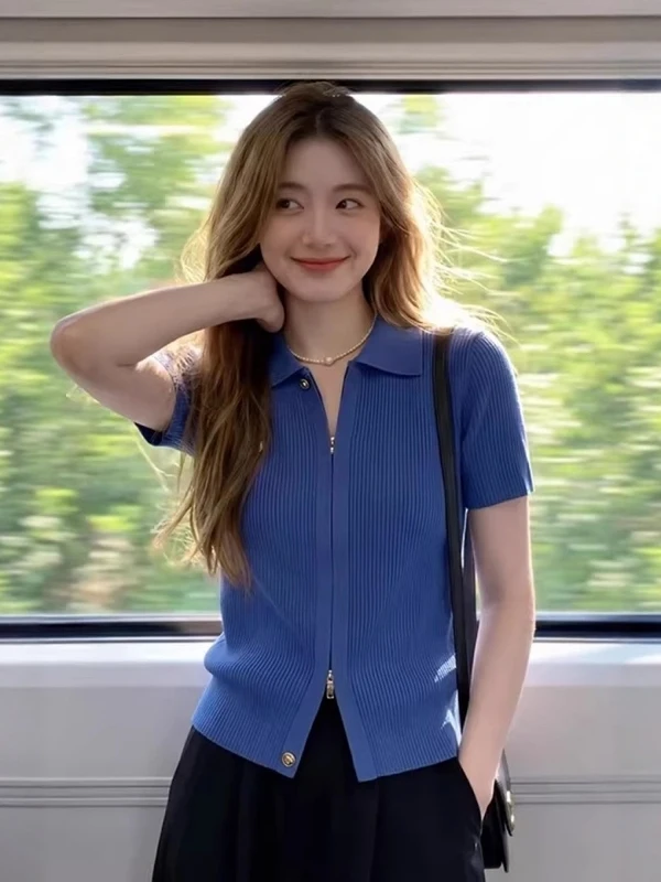 

Slim Fit Neck Zipper Short Sleeve Knitted Sweater Women's Summer New Style plus Size Retro Top Korean Style Commute Wind