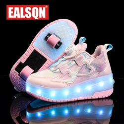 Children Two Girls Wheels Luminous Glowing Sneakers Heels Pink Led Light Roller Skate Shoes Kids Led Shoes USB Charging