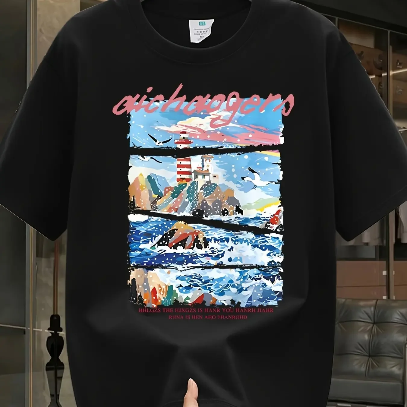 Fashion Scenery Script Letter Logo O‑neck T‑shirt Summer Loose‑fitting Unisex Basic White Tops