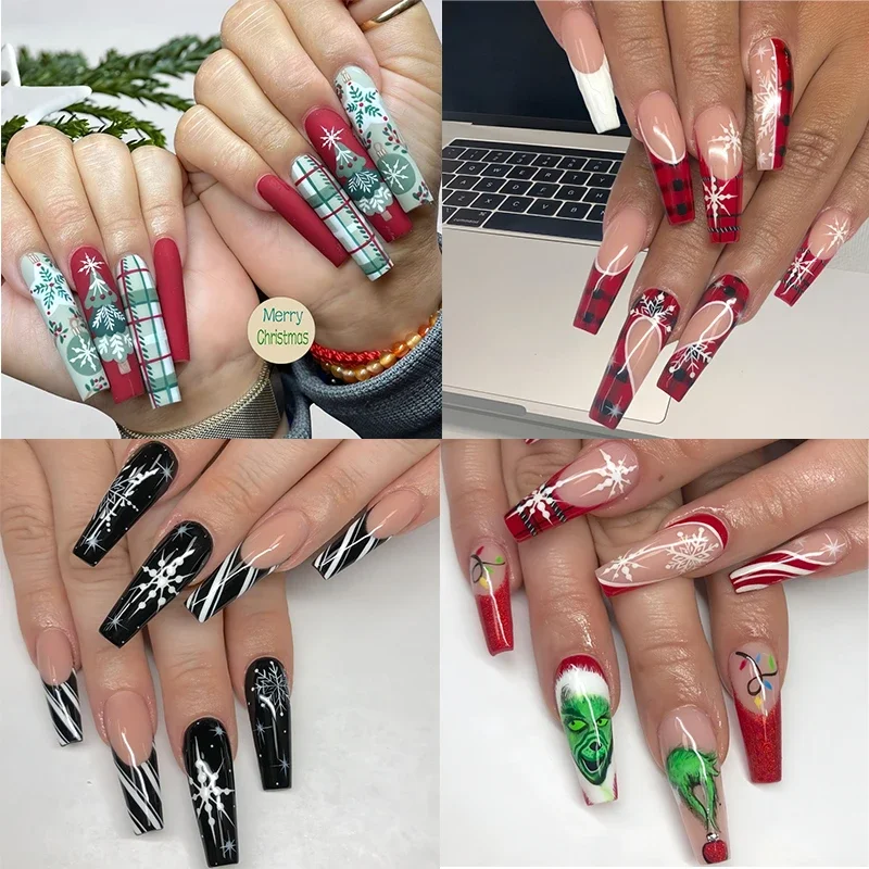 

24Pcs Christmas Press on Nails Long Coffin Fake Nails Red Green Full Cover Cartoon Xmas Tree Artificial Nail for Women Girls