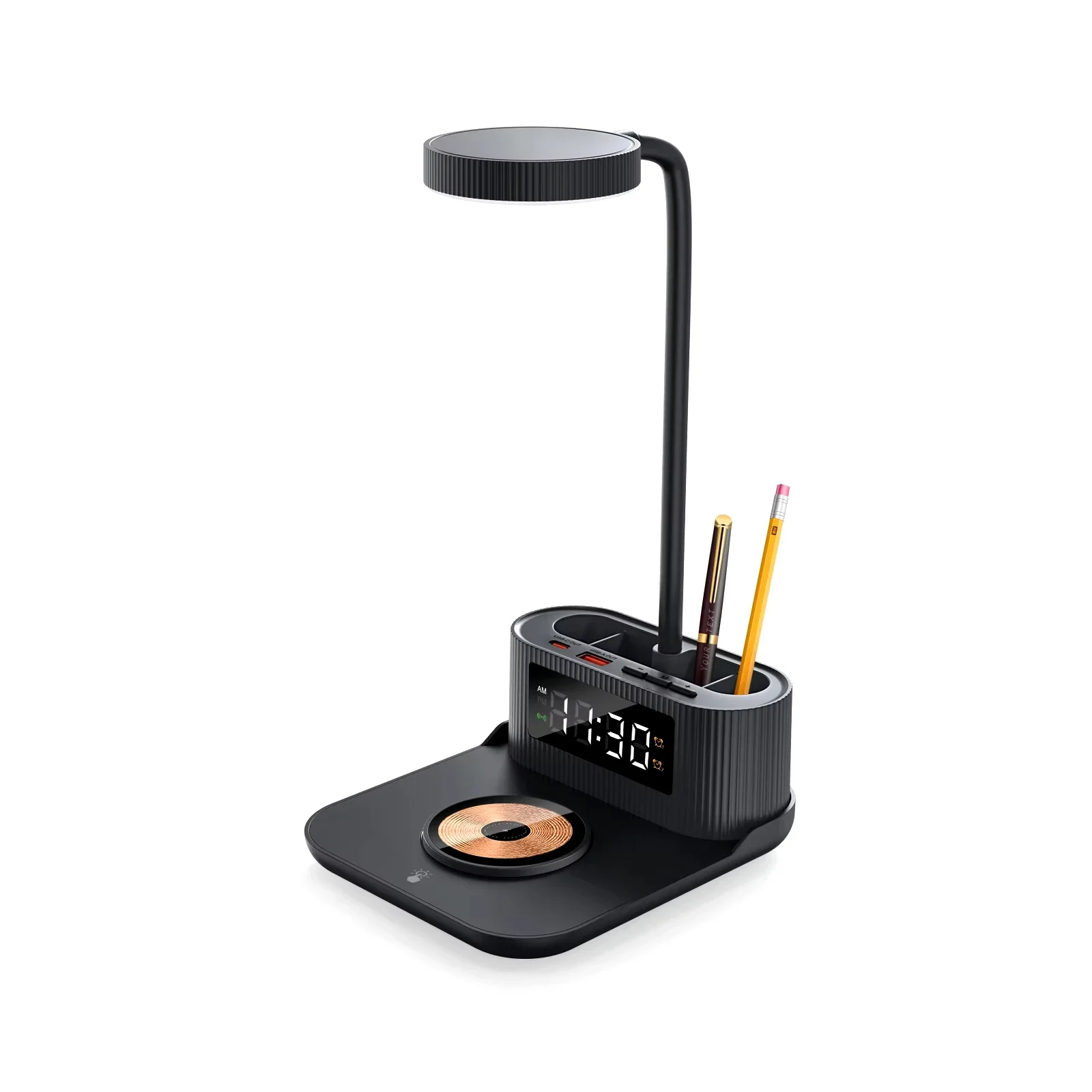 Multi-Function Wireless Charger with Clock Bedside Lamp Wireless Charging Pad with Alarm Clock & Pen Holder Desk Lamp