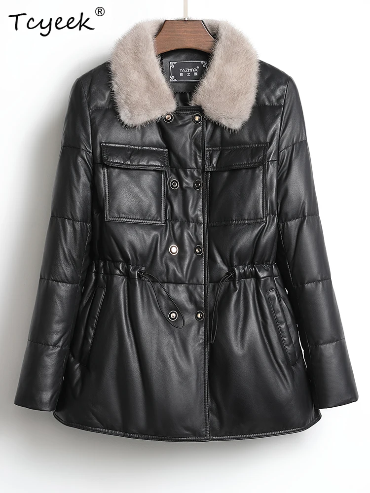 Tcyeek جلد الغنم الحقيقي الخريف الشتاء ساحة طوق بأكمام طويلة سميكة فرو المنك طوق متوسطة طويلة المرأة الأبيض بطة أسفل سترة