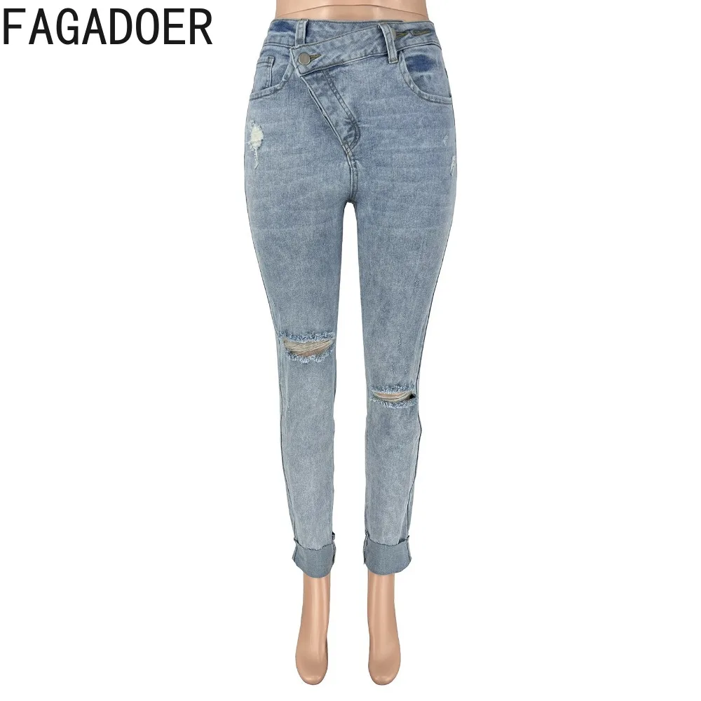 FAGADOER Fashion Denim Hole Skinny Pants Women High Waisted Button Elasticity Jean Trousers Casual Female Pocket Cowboy Bottoms