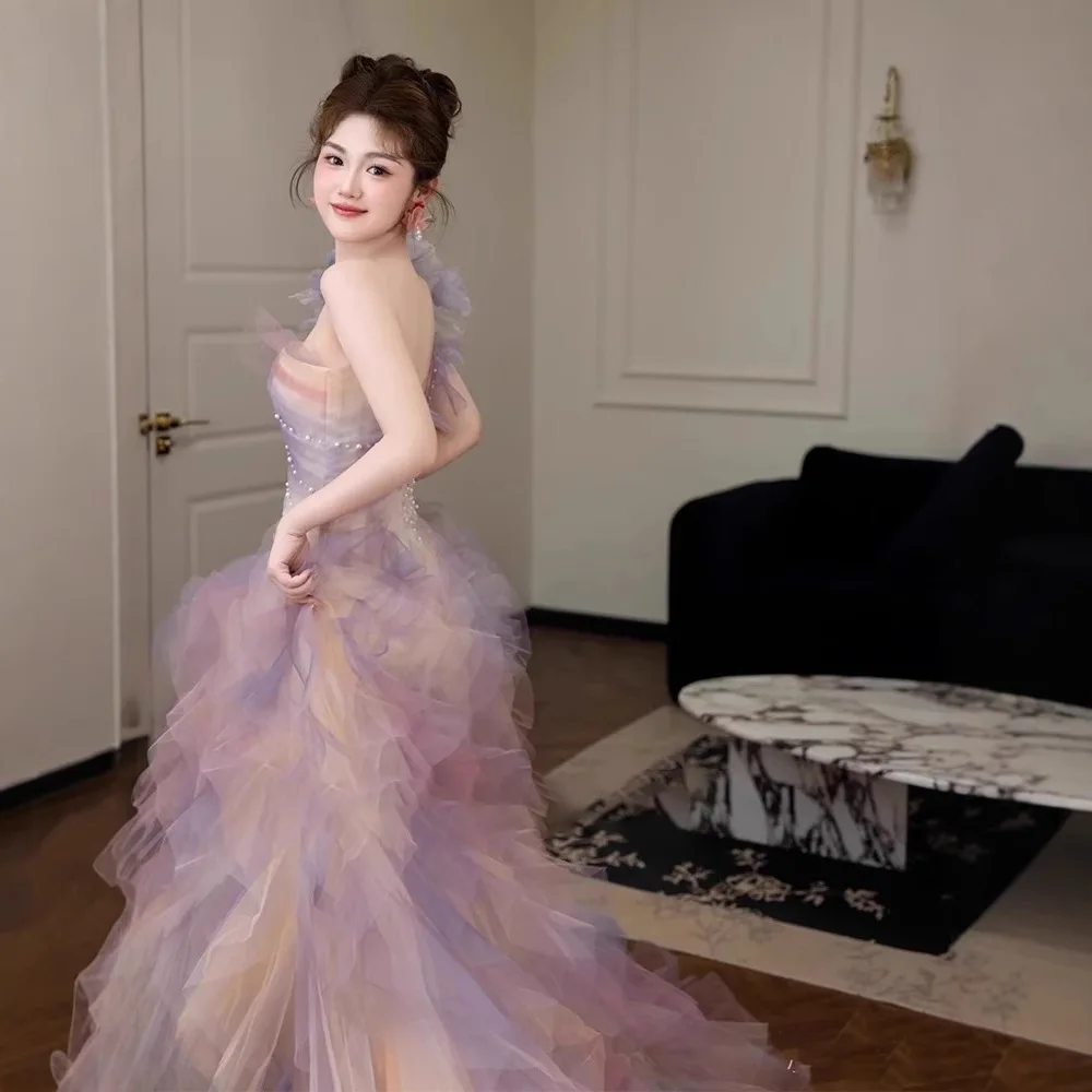 فساتين حفلة موسيقية ملونة بكتف واحد من التل واللؤلؤ وطيات رسمية للحفلات المسائية للنساء مناسبة خاصة فستان كوكتيل