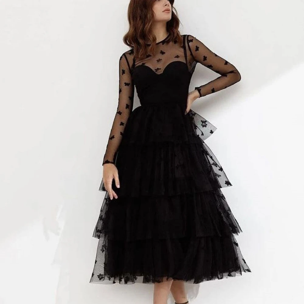 Prom Gowns For Women Tulle Romantic O-Neck A Line Evening Dresses Long Sleeves Mid Calf Length Party Dress فساتين السهرة