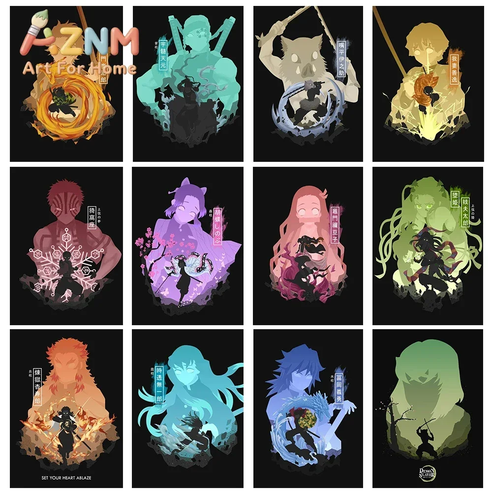 AZNM Demon Slayer Anime Silhouette Canvas Wall Art Hashira Tanjiro Nezuko Shinobu Rengoku Canvas Print Bedroom Home Decor Poster