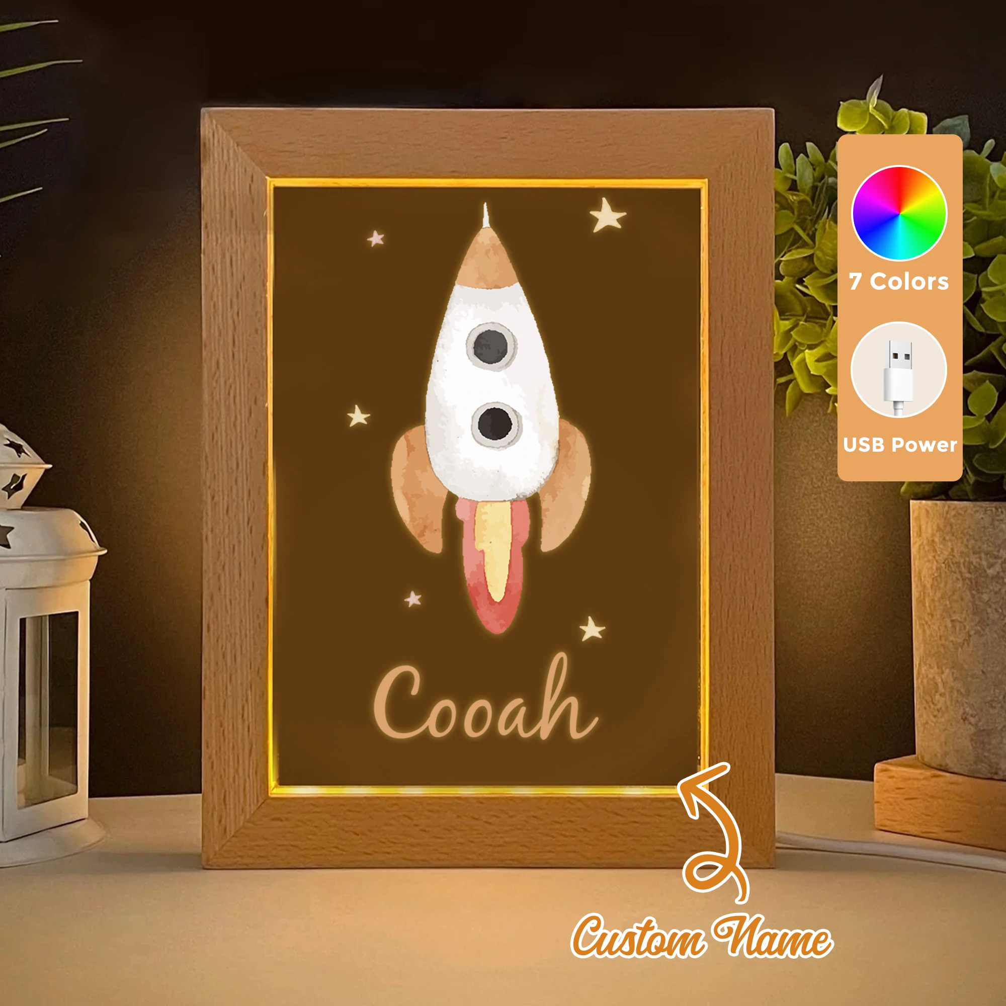

2D Flat Custom Name Cartoon Rocket LED Acrylic Night Light Wood Photo Frame 21x17cm Children Bedroom Gifts Home Decor