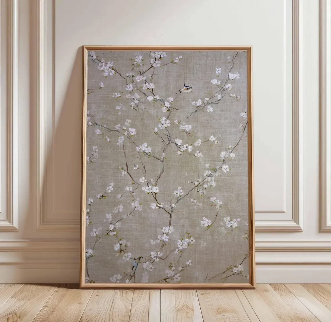 Cherry Blossom Poster, Japanese Spring Bloom Wall Art, Linen Texture Floral Print, Bird and Sakura Tree Decor, Nature Minimali