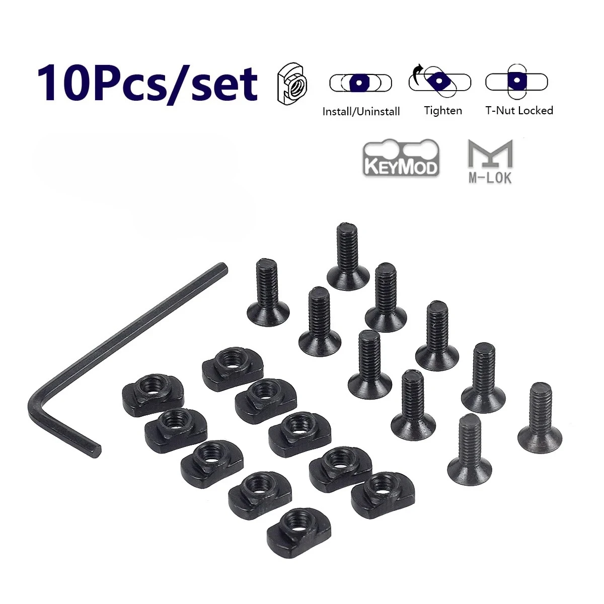 10Pcs M4 M5 12mm 10mm Thread M-LOK Screw Nut Replacement Rails T-Nut Screw Set MLOK Handguard Rail Sections Hunting Accessories