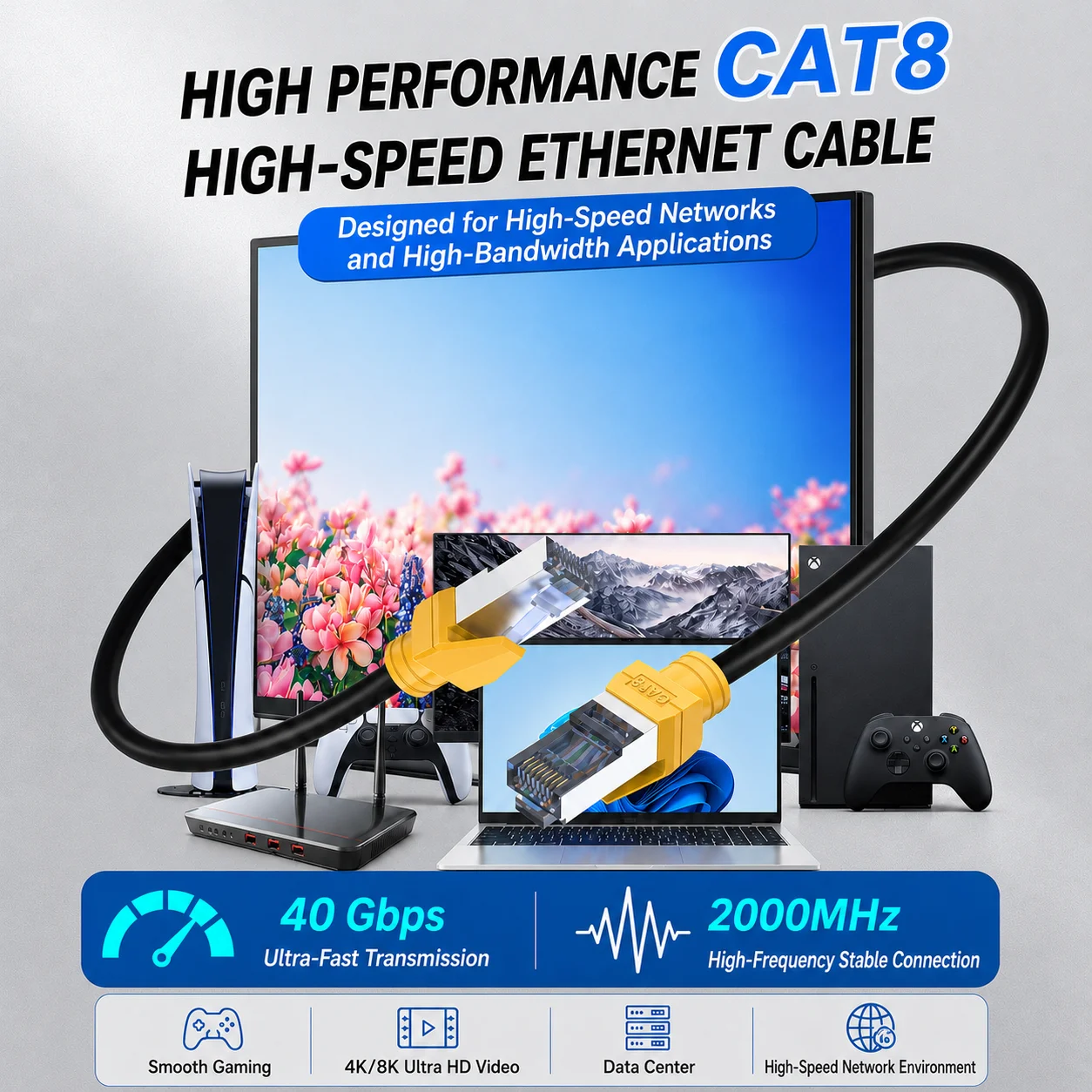 YYTEEK CAT8 Ethernet Cable 1FT-100FT 40Gbps 2000MHz RJ45 LAN Network Cable 28AWG Pure Copper Double Shielded Nickel Plated view 2